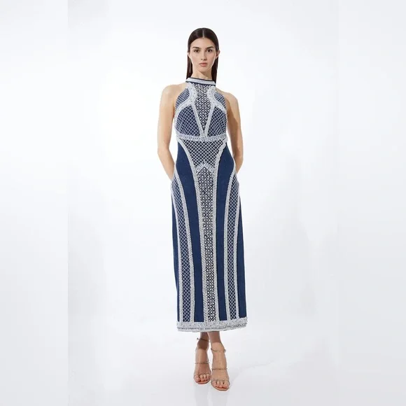 Karen Millen | Dresses | Karen Millen Embellished Pearl Denim Woven Maxi  Dress Nwt | Poshmark